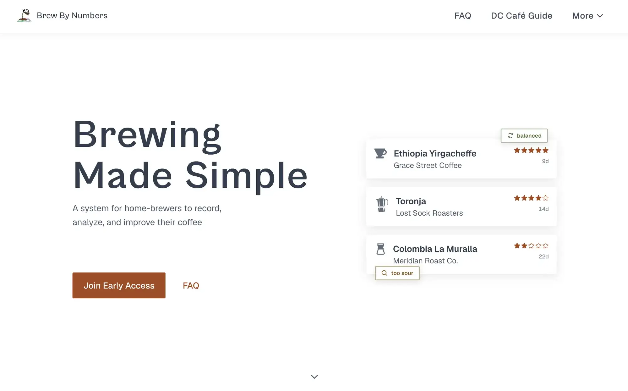Brew by Numbers landing page — "Brewing Made Simple" headline beside a list of logged coffees with star ratings and tasting notes
