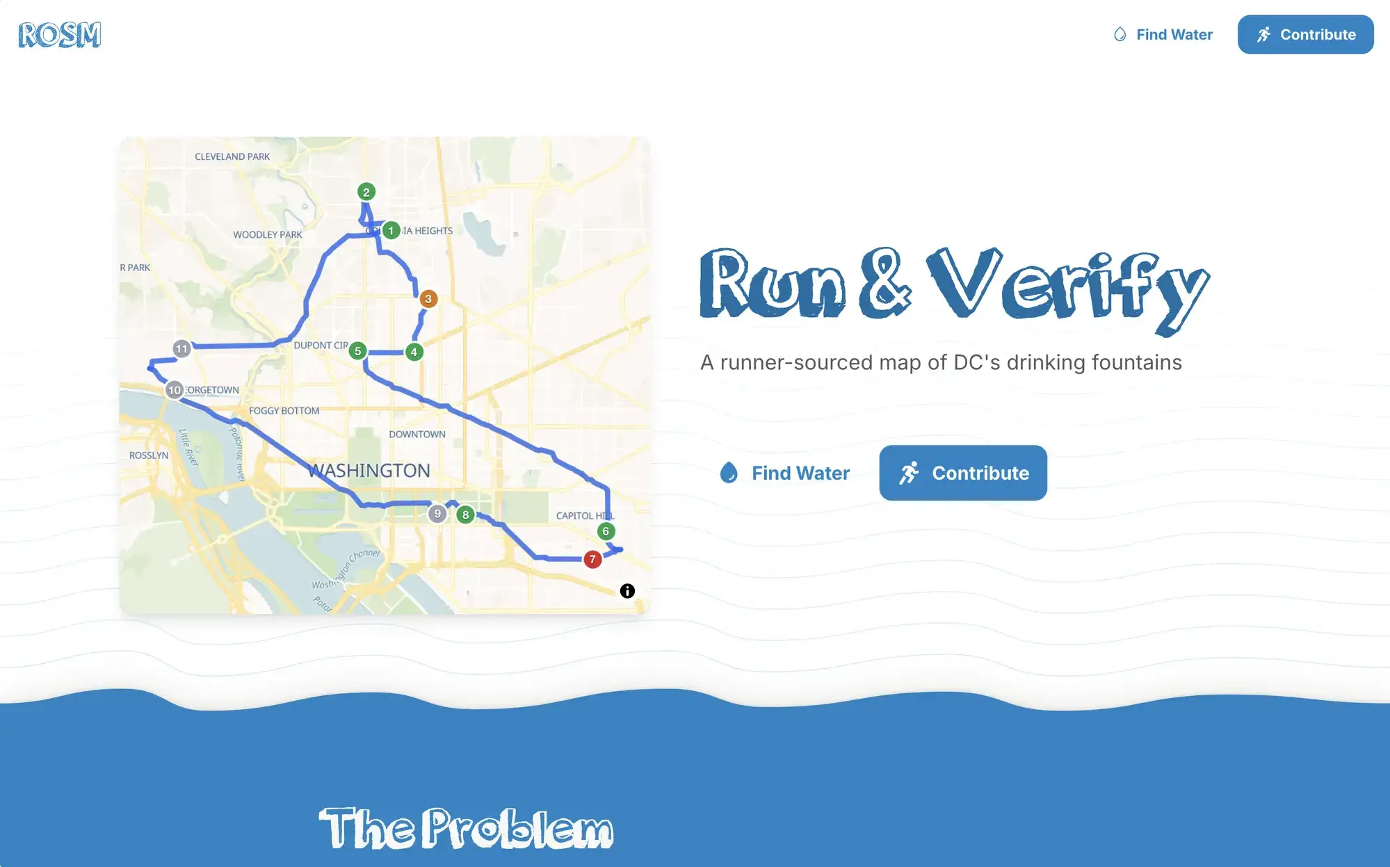 ROSM landing page — "Run & Verify" headline beside a map of Washington DC showing a running route through numbered fountain stops