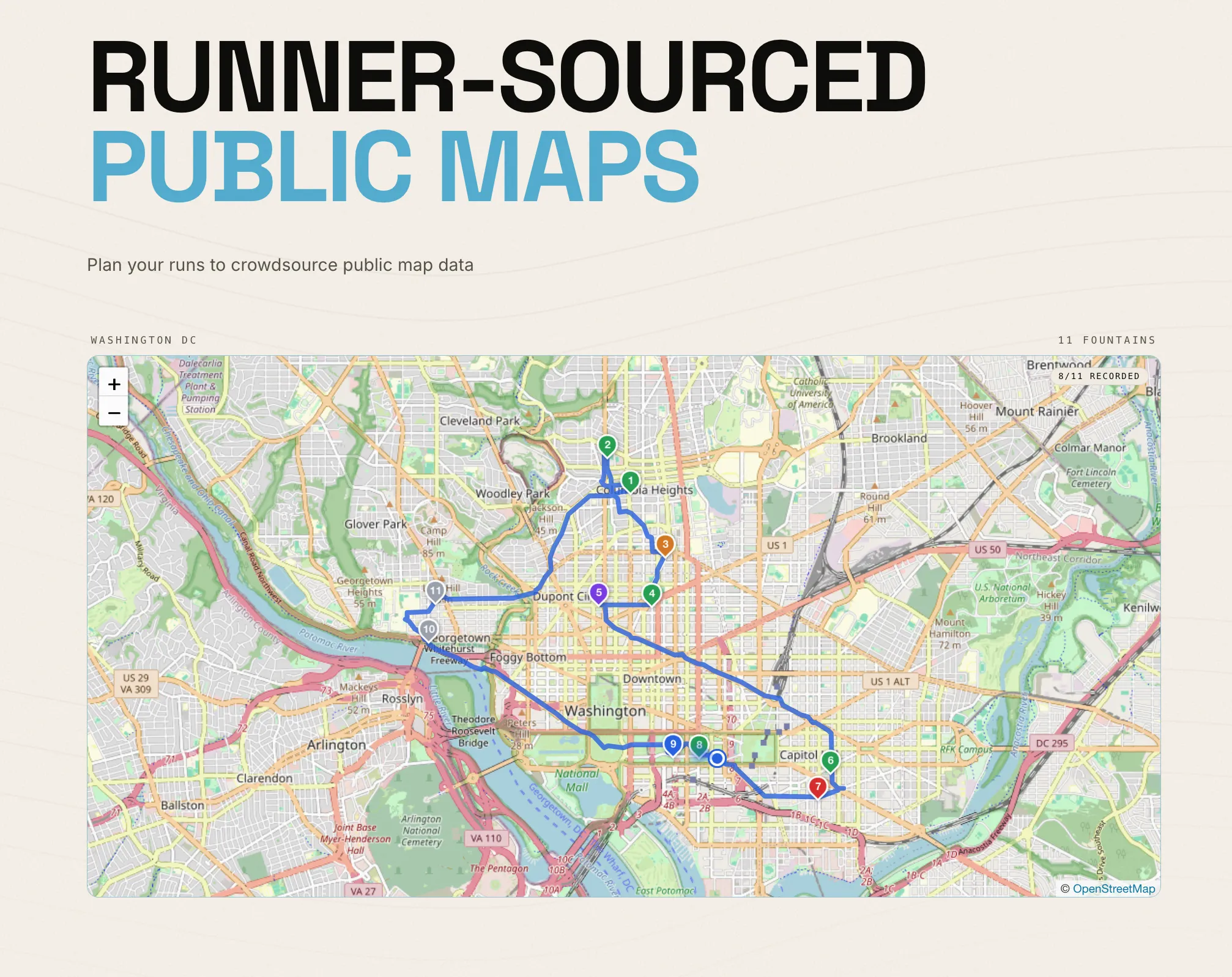 ROSM landing page — "Field-verify the open map" headline over a running-route line graphic