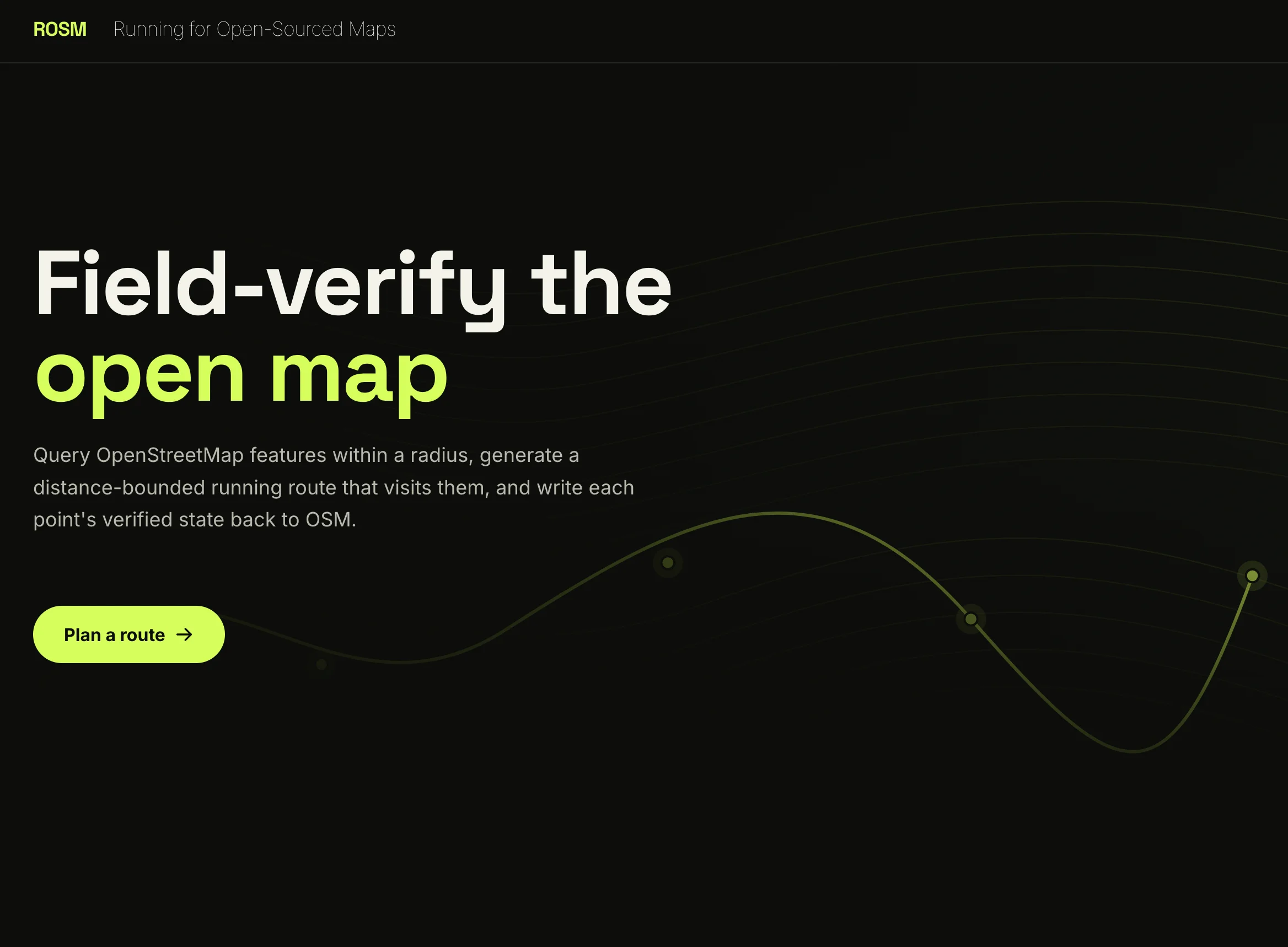 ROSM landing page — "Field-verify the open map" headline over a running-route line graphic